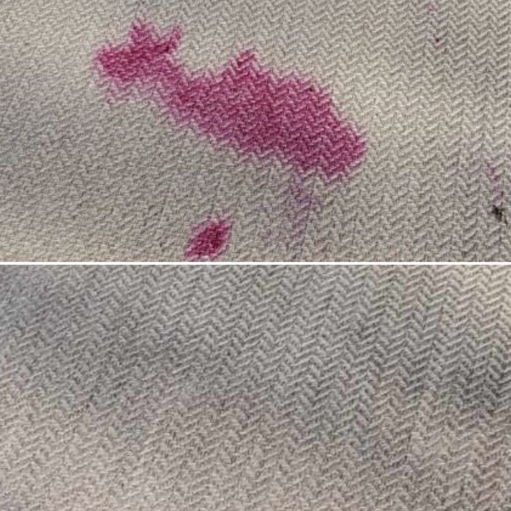 This side by side shows a closeup of an ivory sofa cushion with a purple spot, and after cleaning.