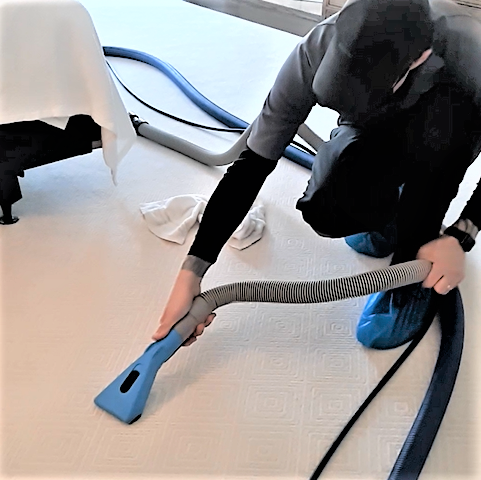 Professional cleaner targets a spot on white carpet.