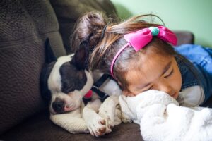 Toddler and puppy sleep on upholstered furniture