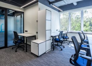 Blue and White designer contemporary office interior.