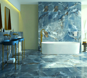 Large format stone tiles can create a huge design impact, especially when wrapped wall to floor.