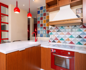 Kitchen and baths are a great place to enjoy tiles with big color.