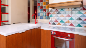 Kitchen and baths are a great place to enjoy tiles with big color.
