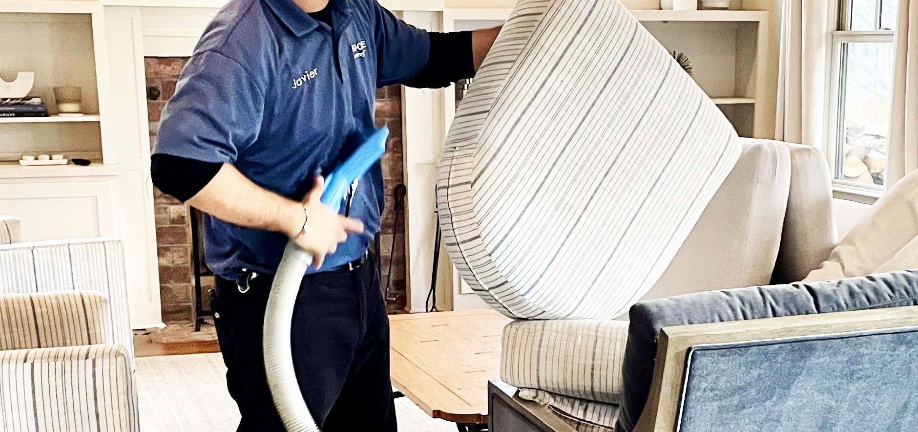 Clearing a space in preparation for upholstery cleaning helps technicians work more efficiently and keeps family members and pets safe.