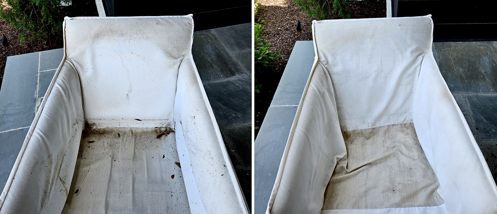Here's a great example of a performance fabric chair, left in an outdoor setting, before and after cleaning.